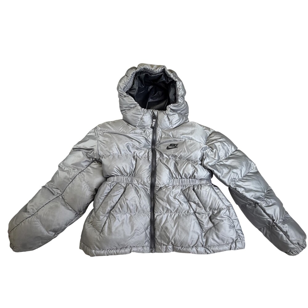 Nike Puffer Jacket Girls M Silver Hooded Insulated Elastic Waist Zip Winter